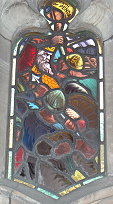 Stained glass window in the cloister of Worcester Cathedral, the death of Penda of Mercia