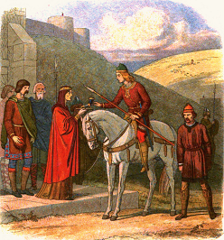 Edward the Martyr is offered a cup of mead by Alfthryth at Corfe Castle